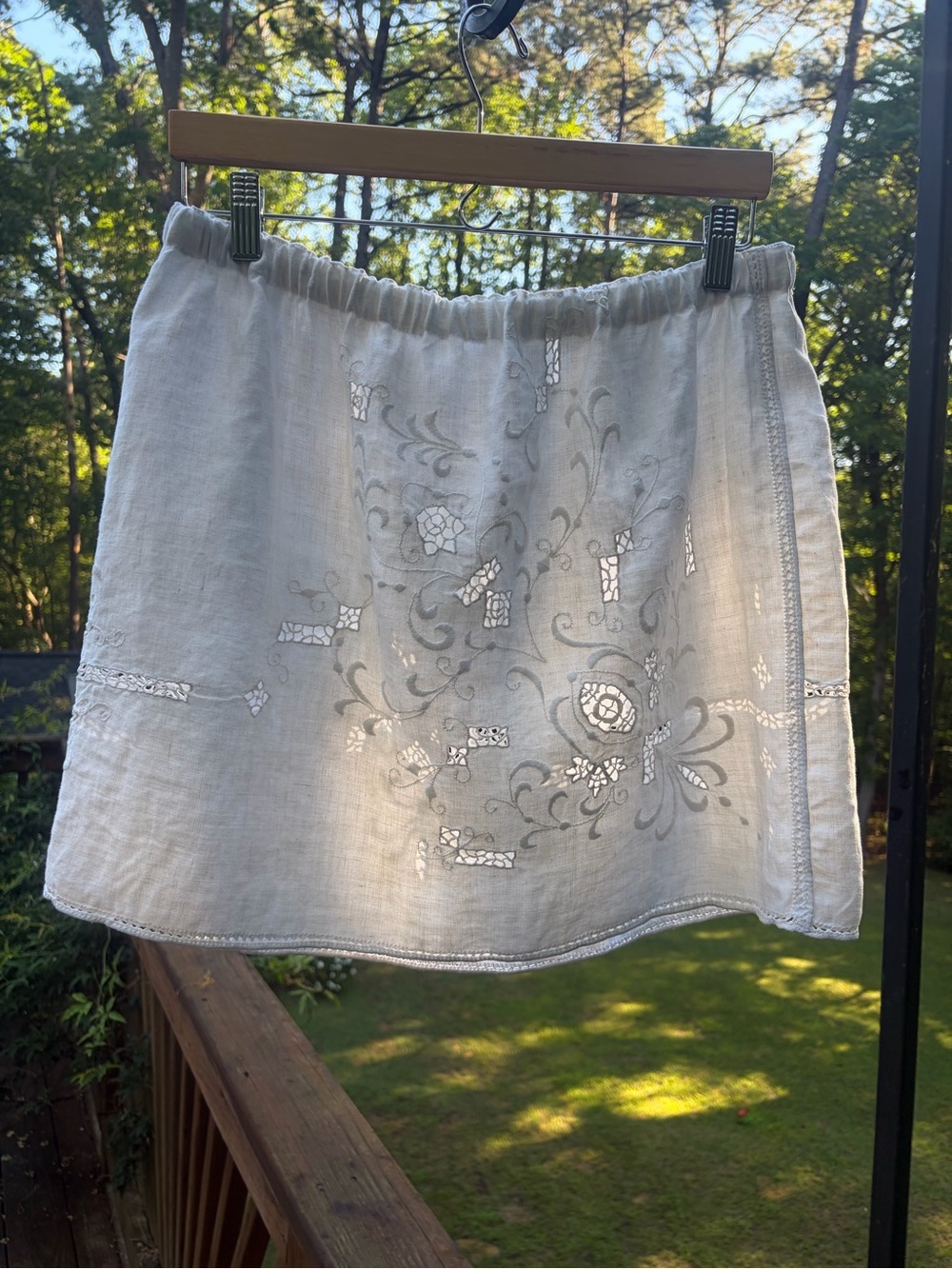 White Embroidered Linen Mini Skirt-Handmade